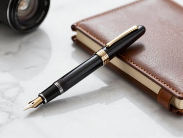 Close-up of a luxury fountain pen resting on a clean marble desk next to a leather-bound journal, soft side lighting, elegant shadows.