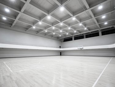 Wide-angle architectural shot of an empty, pristine indoor basketball arena, bright crisp stadium floodlights, high-contrast industrial tones, clean lines