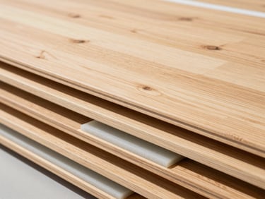 Macro architectural shot showing the cross-section of multi-layered wooden sports flooring, visible shock-absorbing elastomer pads, clean lines, bright daylight.