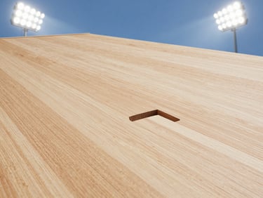 Close-up of interlocking joints of a premium wooden sports floor, pristine finish, bright stadium floodlights