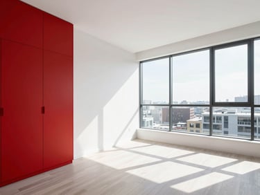 Sleek contemporary one-bedroom apartment interior, bright daylight, clean lines, professional aesthetic.