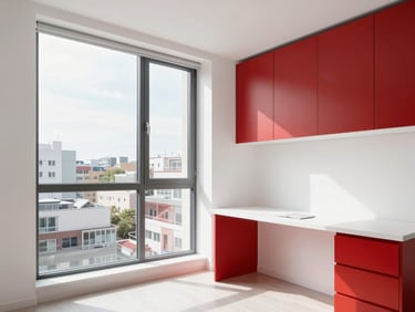 Bright modern studio apartment with study desk, large window, natural daylight, minimalist white and red decor.