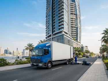 Wide shot of a clean, branded blue and white moving truck parked in front of a modern high-rise tower on Al Reem Island, bright clear desert sun, sharp focus, editorial style.