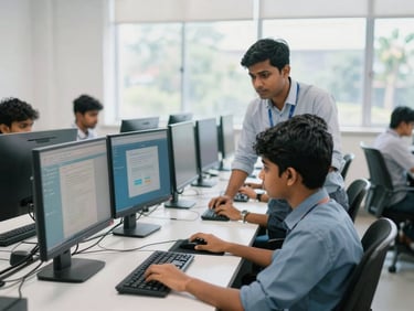 A bright modern computer lab in Trivandrum with students actively working on dual monitors, professional instructor guiding a student over a keyboard, cool natural daylight, shallow depth of field