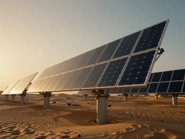 Cinematic low-angle shot of clean energy infrastructure in the Saudi desert, solar panels reflecting golden hour horizon, high contrast