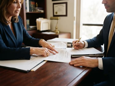 A professional legal consultation in Downey, warm natural key light, hands reviewing case documents on a dark wooden table, navy and gold tones, 35mm photography