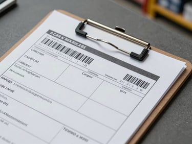 Close-up overhead shot of a cargo manifest and tracking label on a clipboard resting on a warehouse floor, industrial lighting, barcodes and printed timestamps clearly visible, no people, clean and precise framing