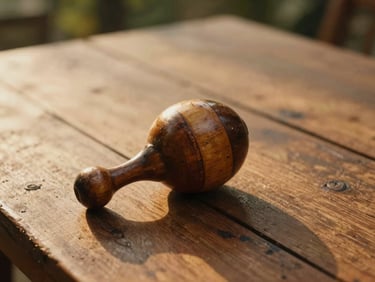 Close-up of a traditional wooden maracá resting on an old wooden table, soft golden hour light, warm editorial photography