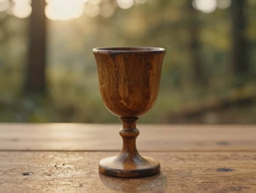 Close-up of a rustic wooden chalice containing a dark brown liquid, resting on a raw wooden table, warm golden hour light, soft focus, forest background