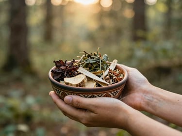 Hands holding a traditional decorated clay bowl with herbal medicines, soft warm lighting, natural forest background
