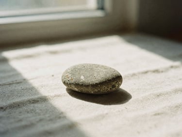A single smooth river stone resting on a linen cloth, soft shadows, warm natural light, 35mm film