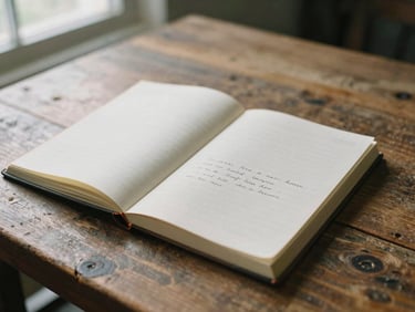 An open journal with handwritten notes on a rustic wooden table, soft afternoon light, 35mm film