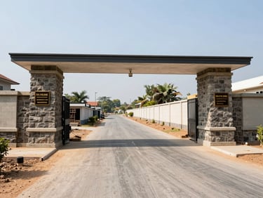 Wide-angle view of a gated community entrance gate in Sulur at bright daylight — stone pillar gate with a nameplate, freshly paved driveway leading inward, compound wall extending both sides, clear sky above, no people, documentary framing showing real construction quality