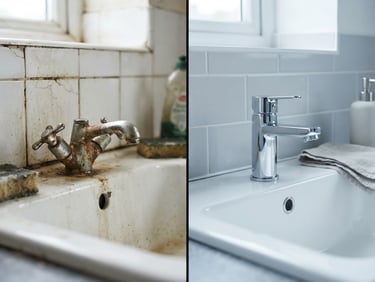 Before and after split screen showing an old rusted kitchen tap replaced by a sleek modern chrome mixer tap