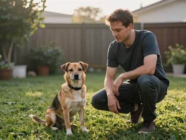 Outdoor backyard shot, soft morning sunlight, a man crouching at eye level with a small mixed-breed dog sitting still in front of him, relaxed posture on both sides, lush green grass, warm light from the side