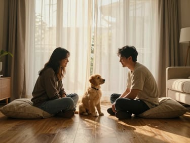 Wide living room shot, late afternoon golden light through curtains, a couple on the floor with a golden retriever puppy sitting calmly between them, both looking at the dog with quiet satisfaction, wooden floor and neutral linen cushions