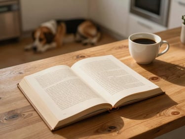 Overhead shot of an open ebook on a wooden kitchen table, morning light, a cup of coffee beside it, a dog lying calmly on the floor in the background, warm golden-hour tones, lived-in home feel
