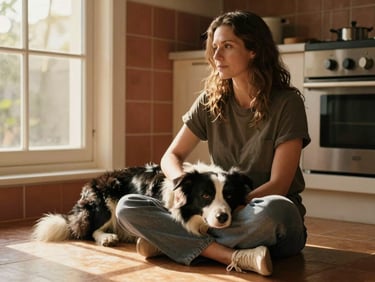 Close environmental shot, warm indoor window light, a woman in her late thirties sitting cross-legged on a kitchen floor, a border collie resting its head on her knee, genuine calm expression, terracotta wall tiles in background, golden morning light