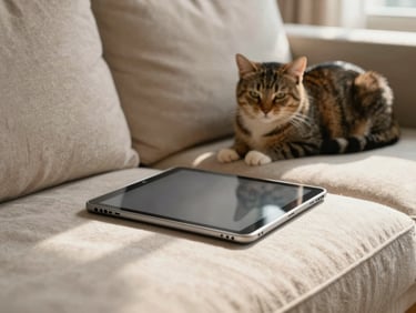 A tablet lying open on a soft linen couch cushion under warm afternoon window light, a cat curled nearby on the armrest, calm domestic interior, shallow depth of field