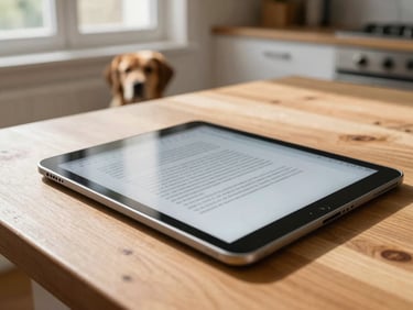 Close-up of a tablet resting on a sunlit wooden kitchen table, screen showing a text document, warm morning window light, a calm dog visible softly out of focus in the background