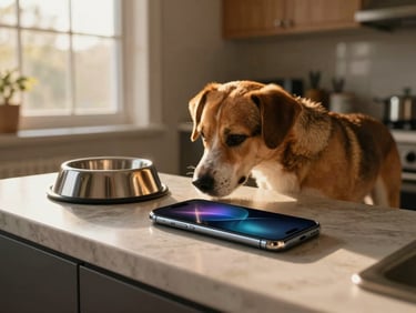 Smartphone resting on a kitchen counter next to a dog bowl, golden late-afternoon light from a nearby window, a medium-sized dog sniffing calmly nearby, warm lived-in kitchen background