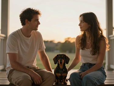 Environmental shot of a couple sitting on a porch at golden hour with a Dachshund calm between them, soft backlight, genuine moment of ease, no posing