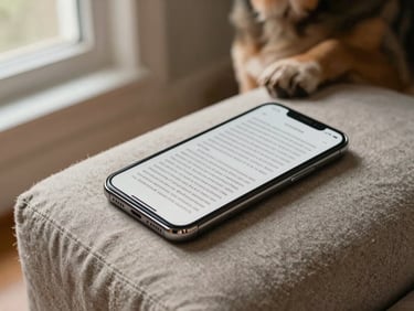 Close-up of a smartphone resting on a linen armrest, screen showing an ebook open to a chapter page, warm window light from the left, a dog's paw visible resting beside the phone, cozy home atmosphere