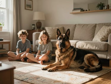 Wide shot of a family in a sunlit living room, two children seated on the floor beside a calm German Shepherd, warm afternoon light, relaxed atmosphere, candid documentary frame
