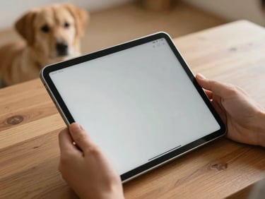 Close-up of a tablet held in a person's hands showing an ebook cover, warm afternoon light on a wooden table, soft sand-toned background, the screen visible and in focus, a calm dog blurred in the background