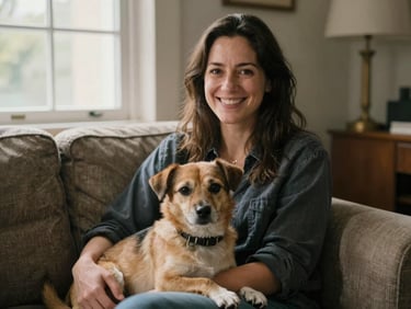 Close portrait of a woman smiling with her small mixed-breed dog in her lap, warm indoor window light, casual home sofa, genuine relaxed expression, documentary feel
