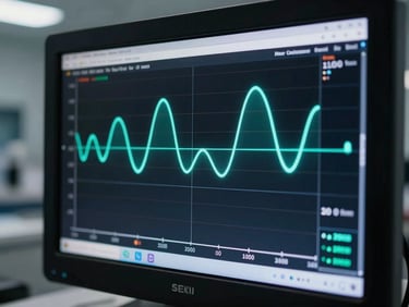 Extreme macro shot of a clean diagnostic screen displaying real-time biomarker telemetry, neon teal data curves, dark clinical laboratory environment
