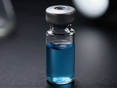 Macro close-up of a clinical glass diagnostic vial containing blue tinted fluid, sharp laboratory lighting, dark obsidian background, high-contrast scientific precision