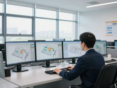 A high-tech corporate control room with clean monitors displaying architectural layouts, bright daylight filtering in, professional feel