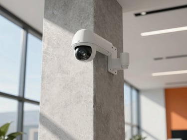 A sleek modern security camera cleanly mounted on a concrete column inside a bright, high-ceilinged office lobby, natural light