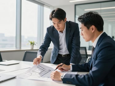 Bright sunlit corporate conference room with security consultants reviewing architectural blueprints, high-key lighting, professional atmosphere