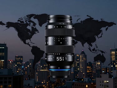 Polished brand activation at dusk in a global cityscape, high-contrast studio lighting, deep obsidian tones with electric-blue accents, 35mm lens.