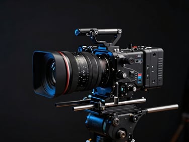 Cinematic behind-the-scenes production shot of high-end camera equipment on a dark set, dramatic shadows, sharp electric-blue ambient highlights, 35mm lens.