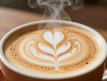 Close-up of steam rising from a freshly poured latte art in a ceramic cup, warm terracotta tones, natural morning sunlight, macro texture