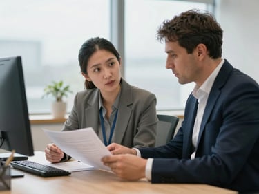 Candid medium shot of two UK local authority professionals in a quiet, modern office, discussing documents over a wooden desk, soft overcast natural daylight, shallow depth of field, 35mm.