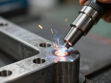 A close-up technical photograph of a precision TIG weld on a 304-grade stainless steel joint, clean metallic grain, industrial workshop background with faint amber sparks in soft focus.