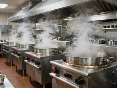 Wide angle technical shot of an industrial canteen kitchen, showing large-scale steam cooking units and bulk cookers in a clean, structured layout.