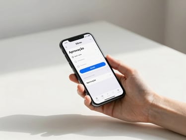 Mão segurando um smartphone com um aplicativo bancário aberto, mostrando uma notificação de aprovação de crédito, em um ambiente de escritório com luz natural. minimalist editorial photography, bright natural daylight, clean neutral background, soft shadows, shallow depth of field, 35mm