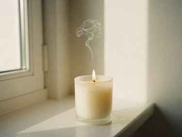A single burning candle with a wood wick emitting a delicate wisp of smoke, warm golden hour shadows, minimalist aesthetic, 35mm film