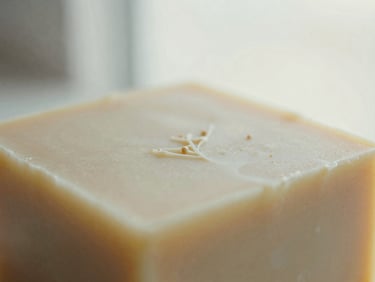 Extreme close-up of raw soy wax texture with delicate botanical details, soft morning light, 35mm film