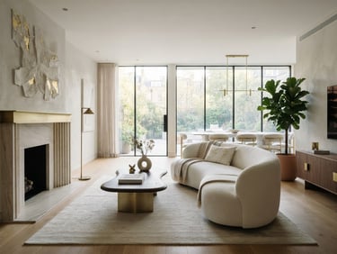 Premium architectural interior photography of a luxurious minimalist living room, soft natural morning light, clean lines, golden accents