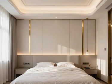 Luxurious modern bedroom with soft ambient warm lighting, neutral tones, elegant brass accents on the wall panel