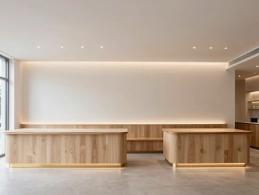 Wide-angle architectural shot of a modern minimalist boutique cafe interior with custom wooden counters and soft ambient lighting