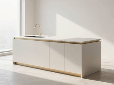 Minimalist kitchen island with marble countertop and integrated smart storage cabinet, bright natural morning light