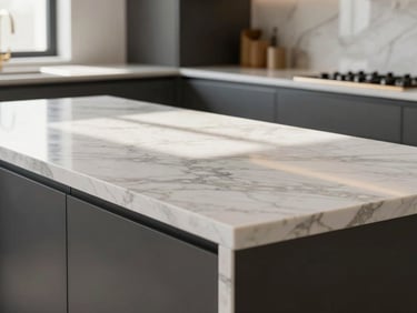 Close-up of a luxury kitchen island with seamless marble countertop transitioning to dark charcoal cabinets, natural light, 35mm lens