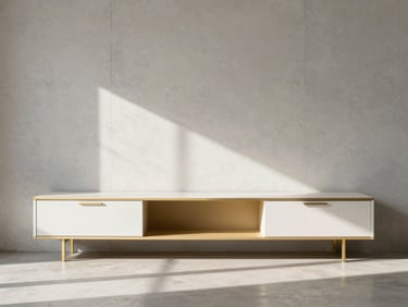 Modern living room featuring a custom floating TV cabinet against a textured concrete wall, soft gold accents, morning sun